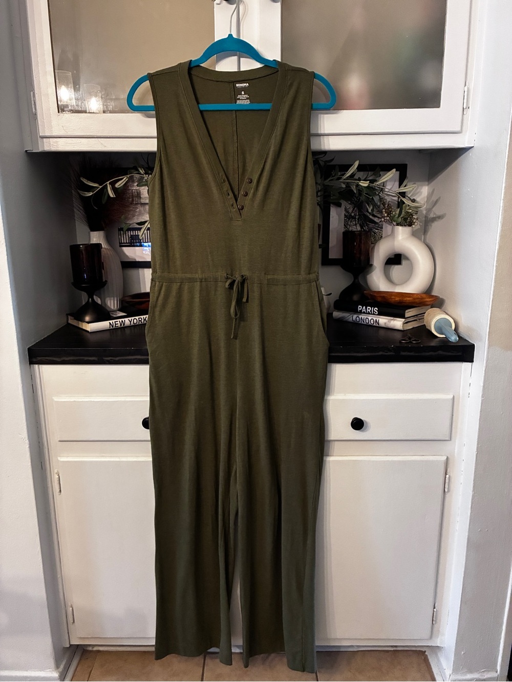 Sonoma Olive Sleeveless V-Neck Drawstring Jumpsuit